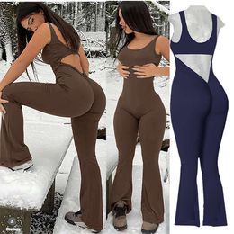 Lu Lu Align 2024 Nylon Dames Yoga Gym Set Sportrompers Diepe V-rug Fitness Workout Broek Flare-leggings Eendelige jumpsuit Actieve slijtage Citroenen LL-oefening