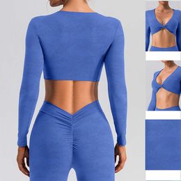 Lu Lu Align Deep Twist Dames V-strak Laag uitgesneden Effen Kleur Lange mouwen Gym Sneldrogend Naakt Hardlopen Push-up Sportkleding Yoga Citroen LL vrouw