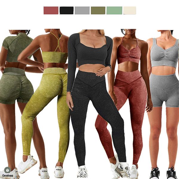 Lu Lu Align Lavado Conjunto sin costuras Mujeres Yoga Entrenamiento Pantalón Crop Top Camisa Pantalones cortos Trajes de gimnasio Fitness Scrunch Leggings Trajes activos Limones LL Ejercicio