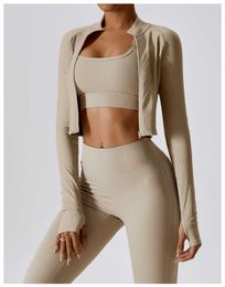 Lu Lu Hot Sale Dames Lente Zwarte Cropped Top Dames Korte Jas Volledige Rits Ontwerp Geribbelde Stof Lange Mouw Jassen Dames Gym