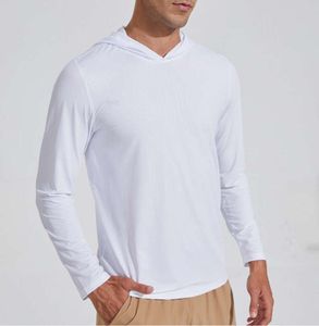 LU LU L Chemise à capuche à séchage rapide pour hommes avec manches longues, t-shirt d'entraînement de course, compression respirante, haut d'équitation, mode et atmosphère, vêtements de marque de mode