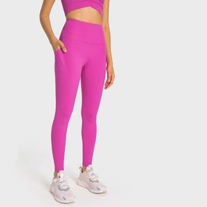 Lu Lu-leggings Yoga-outfitfabriek High-end effen kleur atletische legging Sport Align Lemon Dames Fintess Hoge taille Strakke broek Zijzakken Training