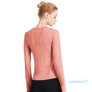 Lu Lu Lemen Camiseta de manga larga Trajes deportivos de yoga Espalda de malla femenina Traje de fitness Cuello redondo delgado Secado rápido Gancho para correr Dedo superior transpirable