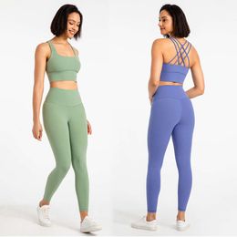 Lu Lu Lemon Align Vêtements d'entraînement pour femmes, vêtements de sport, ensemble 2 pièces, sensation nue, soutien-gorge de sport à bretelles, taille haute, leggings sans couture