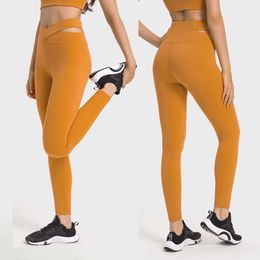 Lu Lu citroenbroek Align-legging Yoga Lente Vrouw Crossover Taille Enkellange broek Ademend Zacht Uitsparing Achtertelefoonzak Gym