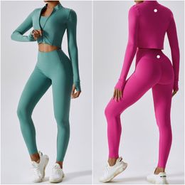 Lu Lu Lemon Yoga Brand Womens Outfit Trois Pièces VestPantsVestes Costumes Exercice CloseFit Fitness Wear Running Élastique Adulte Entraînement Sportswear Trou Élastique