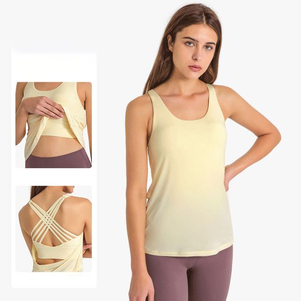 LU LU LEMONS Débardeur plat en L à bretelles croisées, chemise de yoga, chemisier à la mode, blouse fine respirante, deux pièces avec coussinet de poitrine amovible, soutien-gorge de sport, tissu Fiess de course