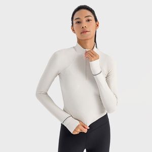 LU LU LEMONS Sweat-shirts légers et chauds, coupe ajustée, demi-fermeture éclair, chemises côtelées à manches longues, hauts de yoga courts avec bandes réfléchissantes au poignet s