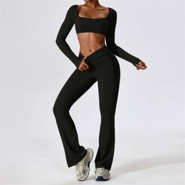 LU LU LEMONS Traje Yoga Conjuntos para mujer Camisas de manga Pantalones Pantalones acampanados Ejercicio Deporte Gimnasio Correr Pantalón largo Elástico Cintura alta Ropa deportiva