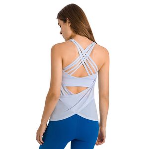 LU LU LEMONS Yoga Tops Tankshirt Blouse Mode Ademend Dunne kiel Tweedelige platte sportbeha met gekruiste bandjes Dames T-shirts Hardlopen Fiess-kleding met R