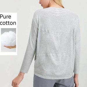 Lu Lu T-shirt à manches longues en coton pour femme - Coupe ajustée - Décolleté ample - Épaules tombantes - Respirant - Robe de sport et de yoga