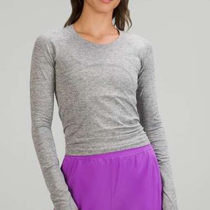 LU LU T-shirt de yoga à manches longues pour femme, couleur unie, façonnant la taille, séchage rapide, haut de sport, course à pied, jogging, vêtements de sport avec trous pour les pouces, tenue de yoga