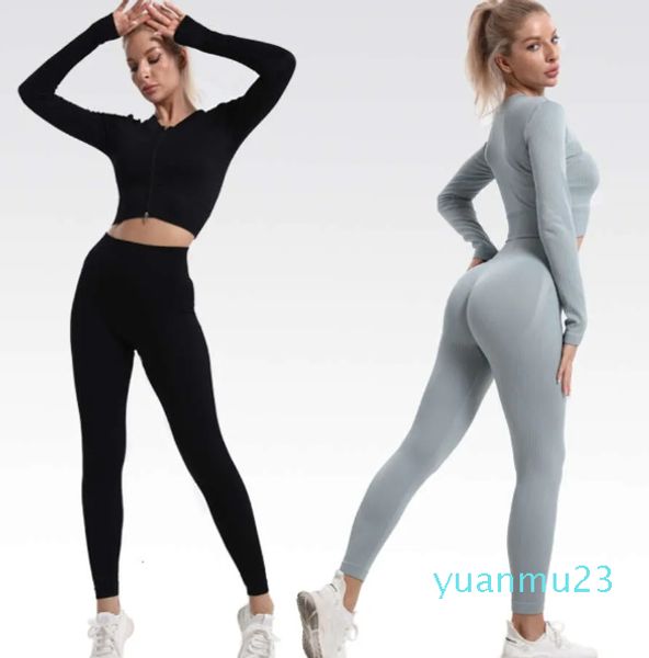 Lu Lu Yoga combinaison body ensemble vêtements de sport vêtements de sport pièces sans couture côtelé à manches longues haut court taille haute Push Up Leggings ensembles femmes Lememm