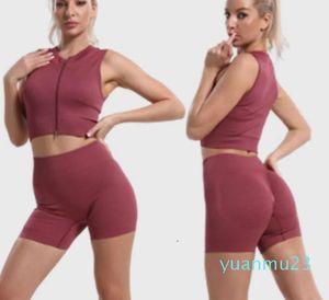 Lu Lu Yoga Mono Conjunto de mono Traje deportivo sin costuras Fitness Chaleco con cremallera Top corto Pantalones cortos de cintura alta Push Up Conjunto de traje de mujer Lememm