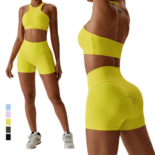 Lu Lu Yoga Citron Algin Femme Costume Femmes Activewear Entraînement Stretch Rib Tissu Ensemble Femmes Sportswear Fitness Costume Soutien-Gorge De Sport Short De Gym Fille Survêtement LL Align gym caillot