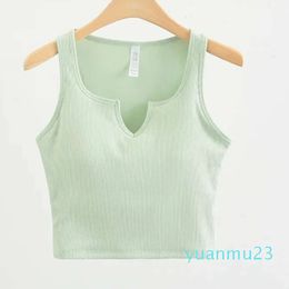 Lu Lu Yoga Lemon dames T-shirt geribbeld diepe V-hals sportvest dames cropped tanktop naadloos medium ondersteuning slanke shirts ingebouwde plank beha-top uitlijnen