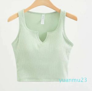 Lu Lu Yoga Lemon dames T-shirt geribbeld diepe V-hals sportvest dames cropped tanktop naadloos medium ondersteuning slanke shirts ingebouwde plank beha-top uitlijnen