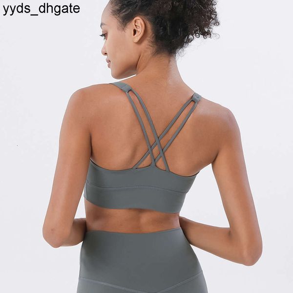 Lu Lu Traje de yoga Sexy Desnudo Belleza Sujetador trasero Gimnasio Correr Deporte Alinear limones Chaleco Correa cruzada a prueba de golpes con almohadilla para el pecho Ropa de fitness de secado rápido para mujeres