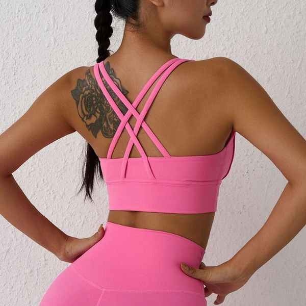 Lu Lu Traje de yoga Color sólido Venta caliente Fitness Mujer Deporte Alinear Sujetador de limón Chaleco de gimnasio Cruz atlética Camiseta sin mangas ajustada sexy Tren de entrenamiento suave con almohadilla para el pecho