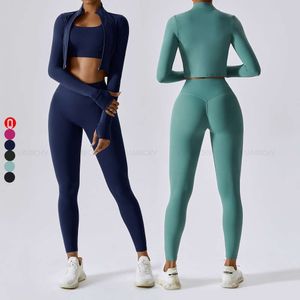 Lu Lu Yoga femmes vêtements pantalons à manches longues haut court dos croisé soutien-gorge de sport 3 pièces survêtement salle de sport Fitness ensemble de sport pour les femmes Lu Lememm Wokrout