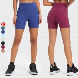 Lu Lu-pantalones cortos de Yoga para mujer, ropa atlética de cintura alta, acanalada, Control de barriga, trasero, gimnasio, Fitness, entrenamiento, pantalones cortos de motociclista Lu Lememm Wokrout