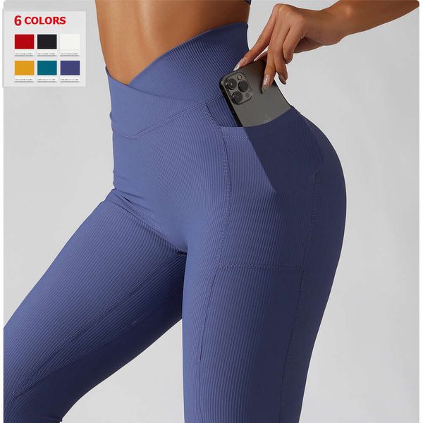 Lu Pant Align Lemon Pantalon Yoga Couleur Unie Côtelée Femmes Poches Crossover Taille Haute Fiess Leggings Sexy Butt Lift Entraînement Collants de Course