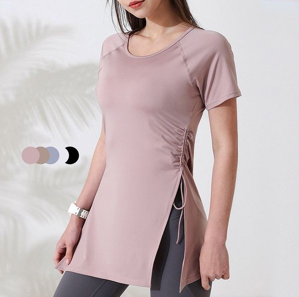 Lu Secado rápido Mujer Running Manga corta Fitness Yoga Top Tight Transpirable Slim Sport T-shirt Long Fitness Room Sexy Desnudo Elasticidad Deportes al aire libre