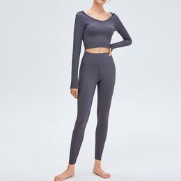 Lu Sets Lemon Yoga Align LL-42 traje Trajes para mujer Conjuntos de yoga Traje para correr Tops de manga larga Pantalones novenos Ejercicio Cintura para adultos Ropa deportiva Gir