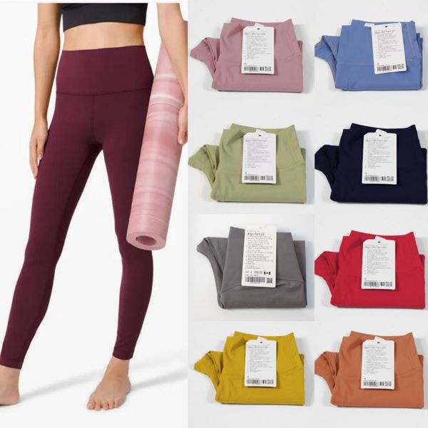 LU Pantalones de yoga de color sólido para mujer Alineación de cintura alta Conjunto de fitness deportivo Medias Fitness elástico Deportes al aire libre para mujer LL Leggings de yoga Medias lu-008