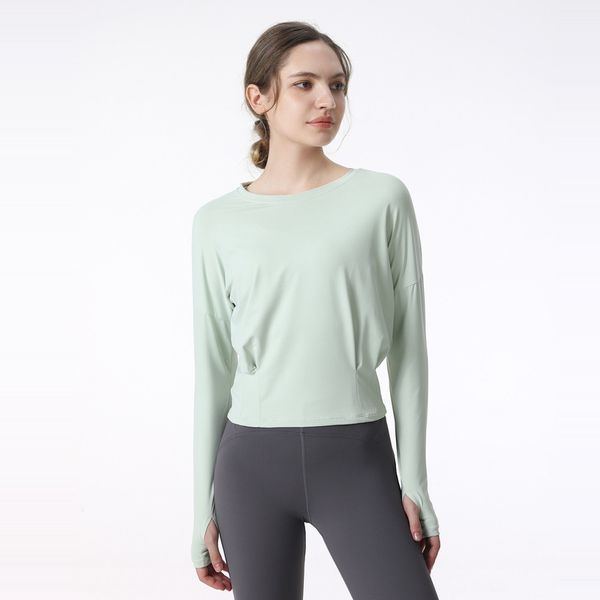 Lu Sports Top de manga larga para mujer, ropa holgada para fitness, entrenamiento delgado, camisetas de yoga, moda informal, trajes de gimnasio transpirables, verde