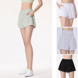 LU Short de sport taille haute d'été pour femme Coupe ample Pantalon de course à séchage rapide Short de tennis Short d'entraînement de fitness et short de poche Couvre-chef double taille