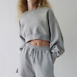 Lu-suéter recortado para mujer, ropa de calle sexi, jersey con hombros oblicuos, sudadera con cuello redondo, Tops lisos de manga larga a la moda