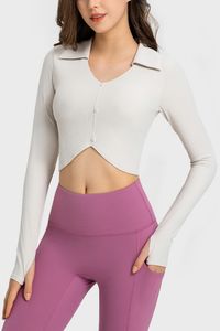 lu T-shirt de yoga à manches longues pour femme - Côtelé vertical 2.0 - Mode sexy - Nombril ouvert - Avec coussinets de poitrine - Doux et soin de la peau - Haute élasticité