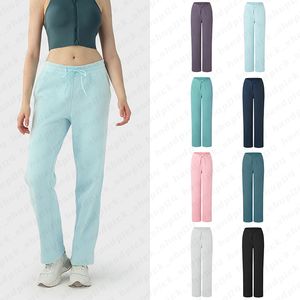 Lu Pantalon de yoga pour femme Pantalon décontracté à jambe droite taille haute Pantalon de sport à jambes larges Pantalon de survêtement doublé en polaire de coton de couleur unie Pantalon polyvalent à la mode A-15