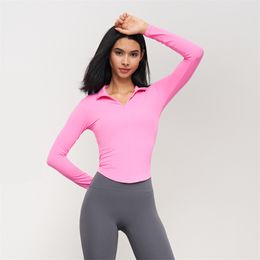 lu Femmes Sexy Tight Shirt Slim Stand Neck T-Shirt Zip-up Womens Long Sleeve V-Neck Bottoming Shirt