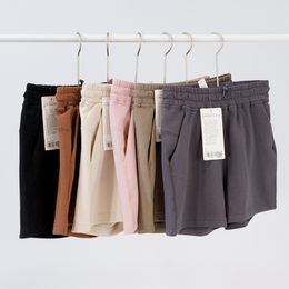 Lu Mujeres Deportes Cintura elástica de talle alto Pantalones cortos de yoga Trajes Ropa deportiva suave de cintura alta Transpirable con bolsillo Ropa Fiess Pantalones cortos Niñas corriendo