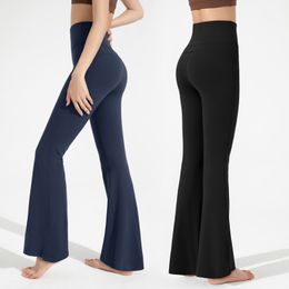 LLu Mujeres Yoga Pantalones Acampanados Color Sólido Desnudo Deportes Shaping Cintura Apretado Vientre Fitness Suelto Correr Ropa Deportiva Gimnasio Entrenamiento Mostrar Figura Pantalón De Nueve Puntos Alta Calidad