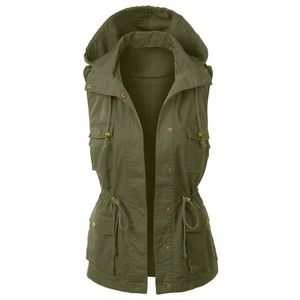 lu Gilet d'hiver léger sans manches pour femme - Veste militaire avec cordon de serrage - Gilet à capuche - Chaud et décontracté - Manteau sans manches