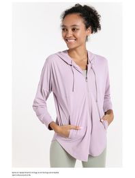 lu Dames yoga-outfit Zonbescherming Hoodies Lange mouw Rits Capuchon Casual shirts UPF 50 Zonnebrandcrème T-shirts met volledige ritssluiting Zakken voor de zomer DS-15