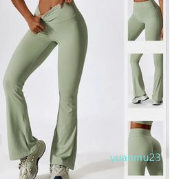 Pantalones acampanados de lu Yoga para mujer, pantalones ajustados de cintura alta con parte inferior acampanada, muestra las piernas, Fitness largo de Yoga