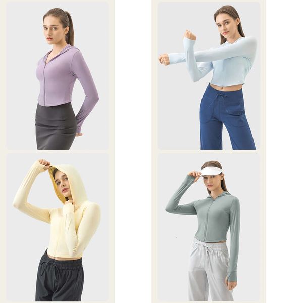 LU Trajes de yoga Chaqueta de protección solar recortada de manga larga Crema Estilo de niña Zip Fiess UPF50 + Gimnasio Top Ropa deportiva Abrigos para correr Ropa de entrenamiento Mujer