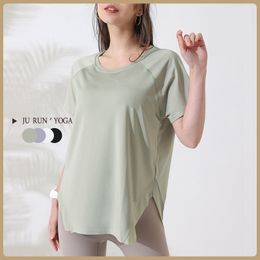 Lu Yoga Camisas de verano Blusa de manga corta con cuello redondo para mujer Transpirable Deportes Fitness Camiseta de color sólido T988