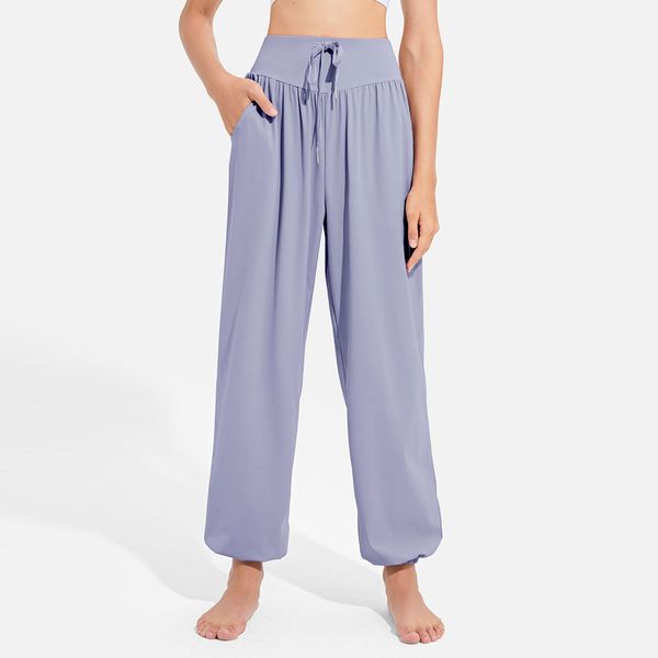 Lu Yoga-pantalones de correr para mujer, pantalones suaves de cintura alta con cordón, sueltos, de seda helada, pierna ancha, baile y Fitness