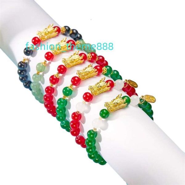 Lucky 18K encantos chapados en oro pulsera de dragón chino cuentas de cristal de arcilla pulsera de serpiente de cabeza de dragón Jade