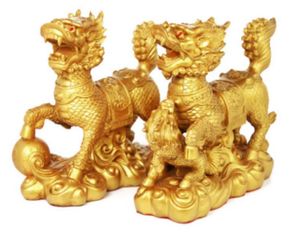 Lucky Gezegend Consacrering Fengshui Qi Lin Decoratie Sculptuur Qilin Standbeeld Gezegend Feng Shui Kylin Eén Paar Goud Kleur R01010023078935