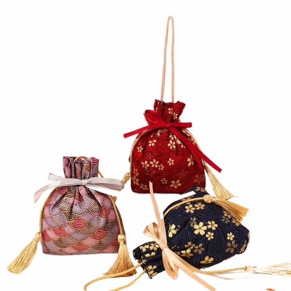 Cat chanceux Cat Fr DrawString Sac Stripe Sakura Floral Bowknot Tassel Handbag Wedding Candy Sac d'emballage Jewerly Bag I7ur #