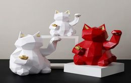 Statue de chat porte-bonheur, figurines de Style géométrique en résine abstraite, ornements, Sculpture de bureau, Bar, décoration nordique pour la maison et le bureau Mo6518469