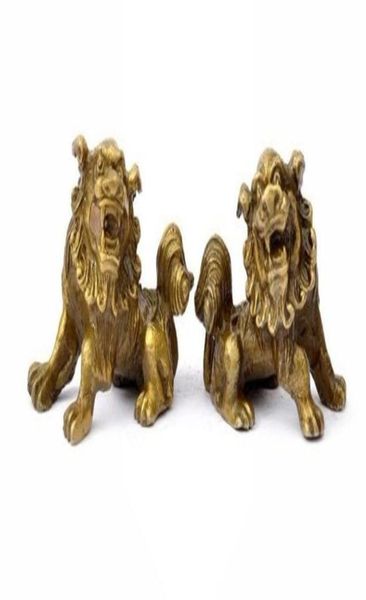 Estatua de León de perro Foo Fu guardián de latón puro Fengshui chino de la suerte Pair5150622