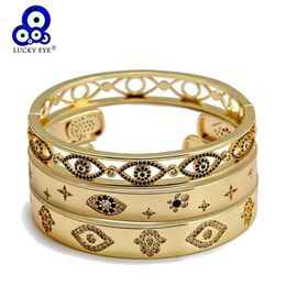 Lucky Eye Micro Pave Zircon Fatima Hand Turkish Evil Bangle Gold Color de cobre Open for Women Girls Jewelry Be220 210918259t