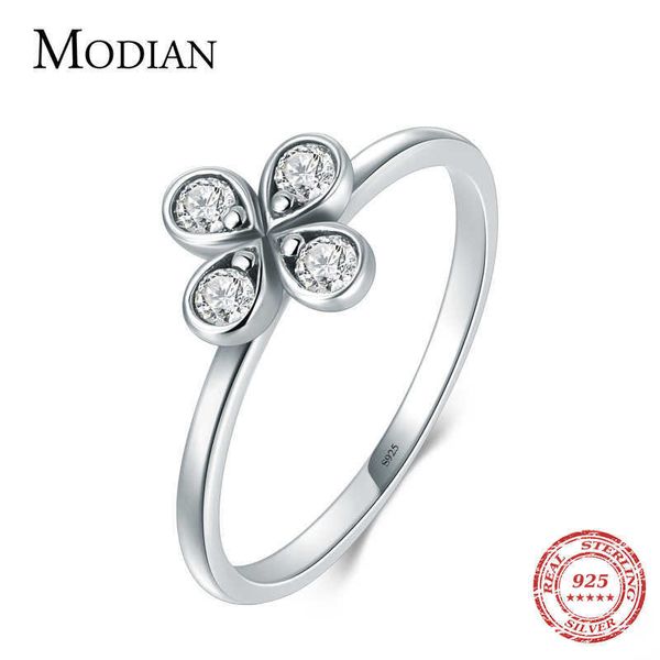 Lucky Flower Clover Anillo de moda 100% 925 Sterling Silver Charm Clear CZ Anillos de dedo apilables para mujeres Joyería de fiesta 210707